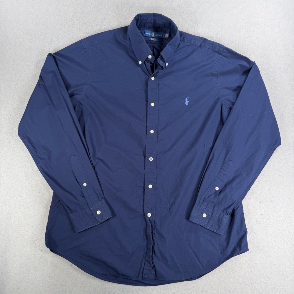 Ralph Lauren Mens Navy Blue Cotton Stretch Button Down Shirt Large Pony Logo